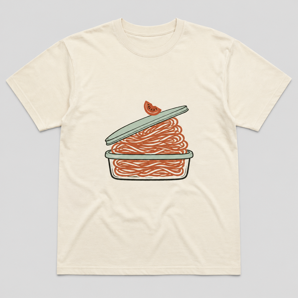 Warm ivory tee design with a lid tilted over an overflowing container of spaghetti.