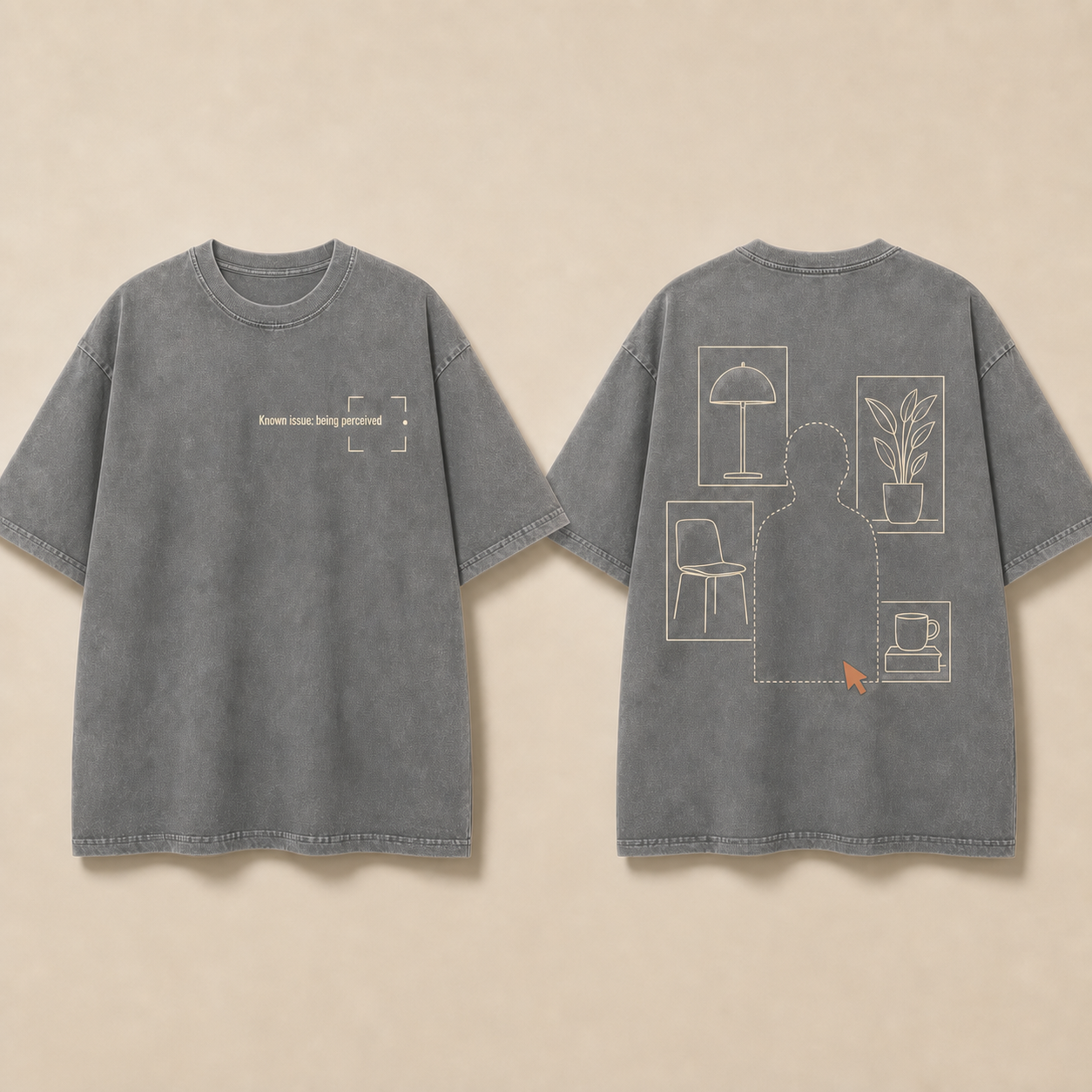 Front and back of a mineral-gray oversized tee with a small known-issue notice and an unresolved object-detection field.