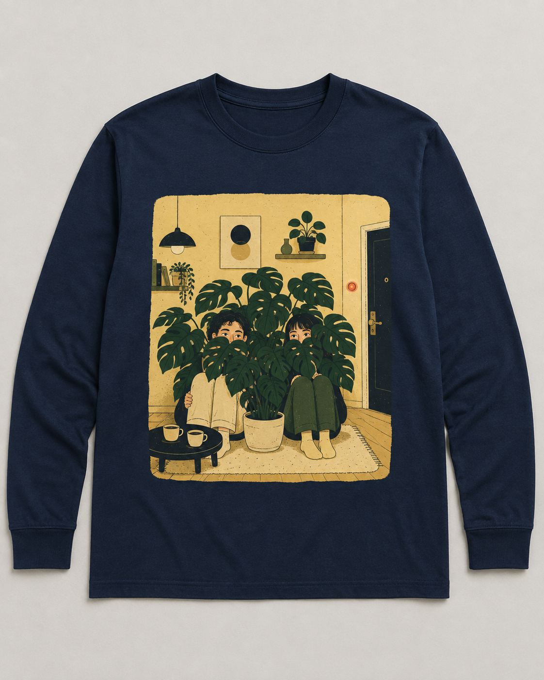 Midnight-blue long-sleeve tee design with two people hiding behind a large plant beside a glowing doorbell.