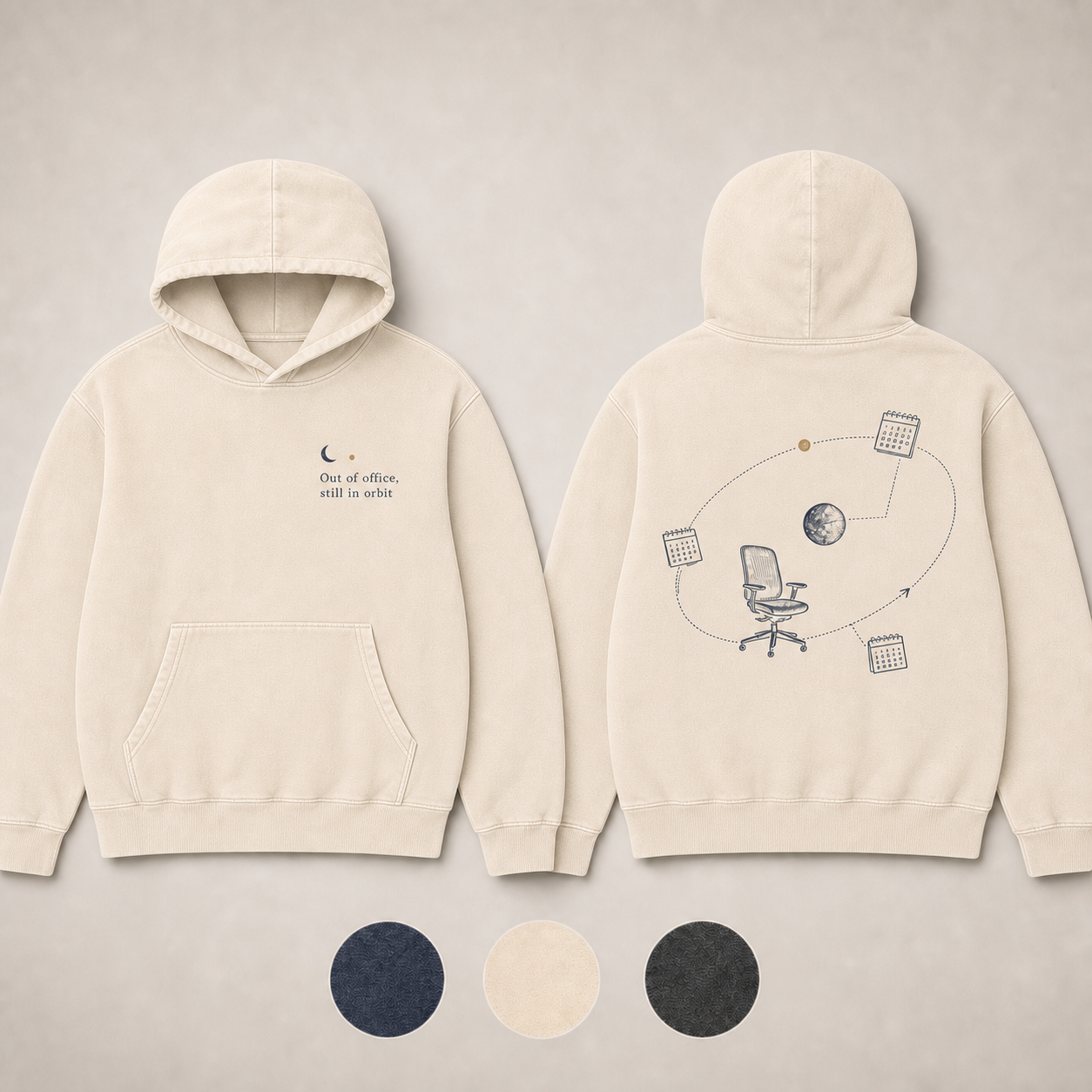 Bone Color. Front and back of a faded-navy pullover hoodie with an autoresponder moon and an office chair orbiting through calendar satellites.
