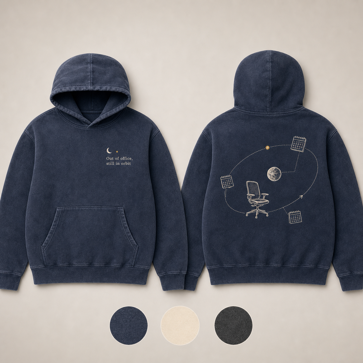 Faded Navy Color. Front and back of a faded-navy pullover hoodie with an autoresponder moon and an office chair orbiting through calendar satellites.