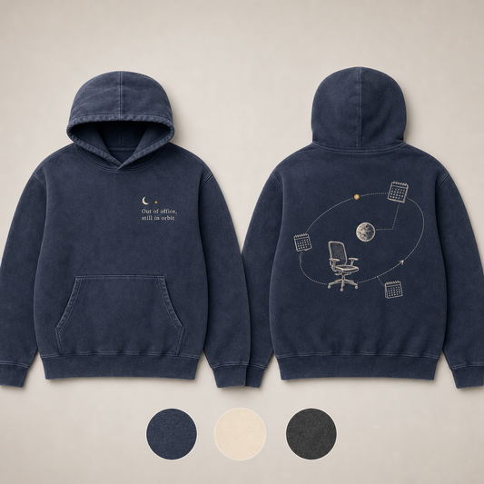Faded Navy Color. Front and back of a faded-navy pullover hoodie with an autoresponder moon and an office chair orbiting through calendar satellites.