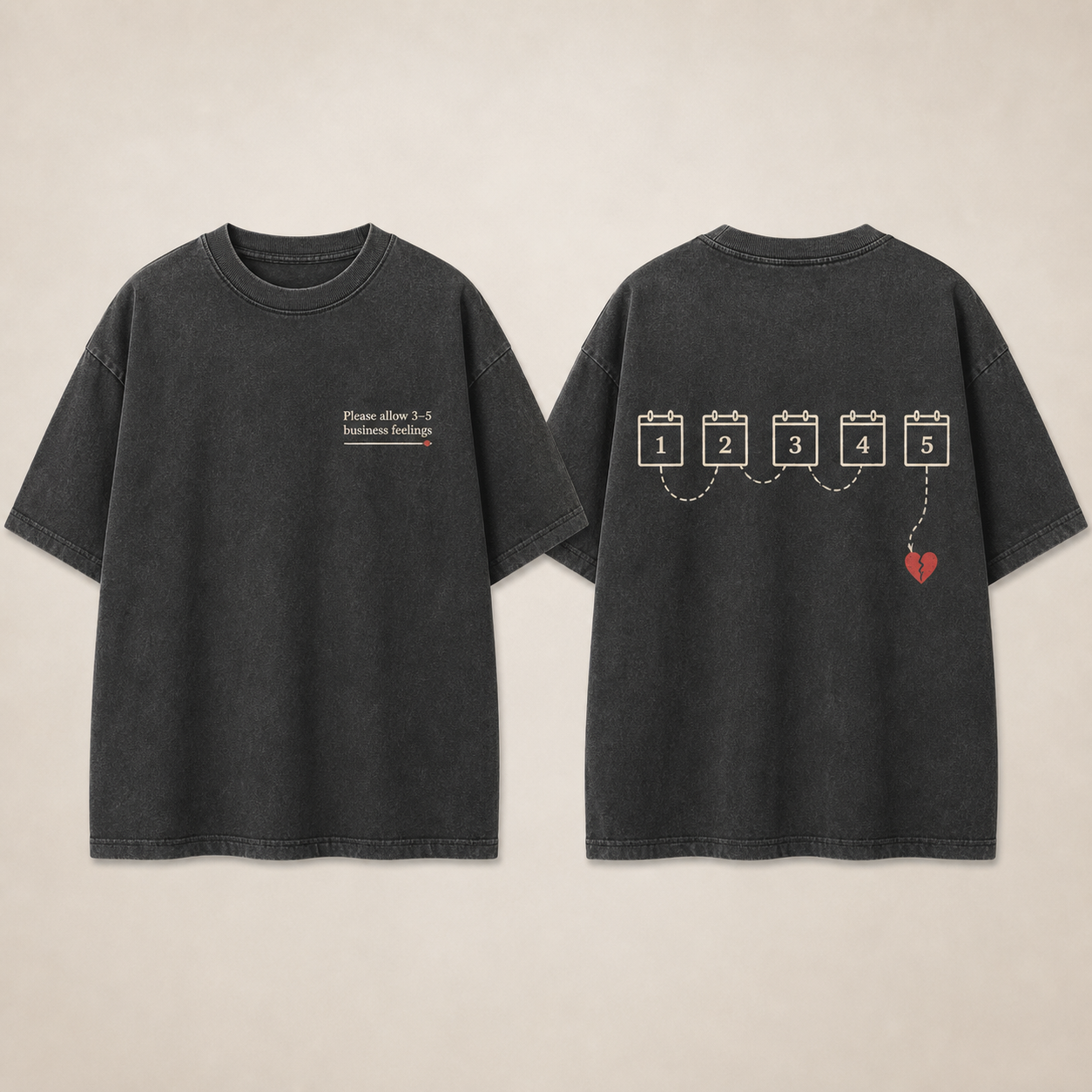 Front and back of a washed-charcoal oversized tee with a small business feelings tracking notice and a parcel route ending at a heart.