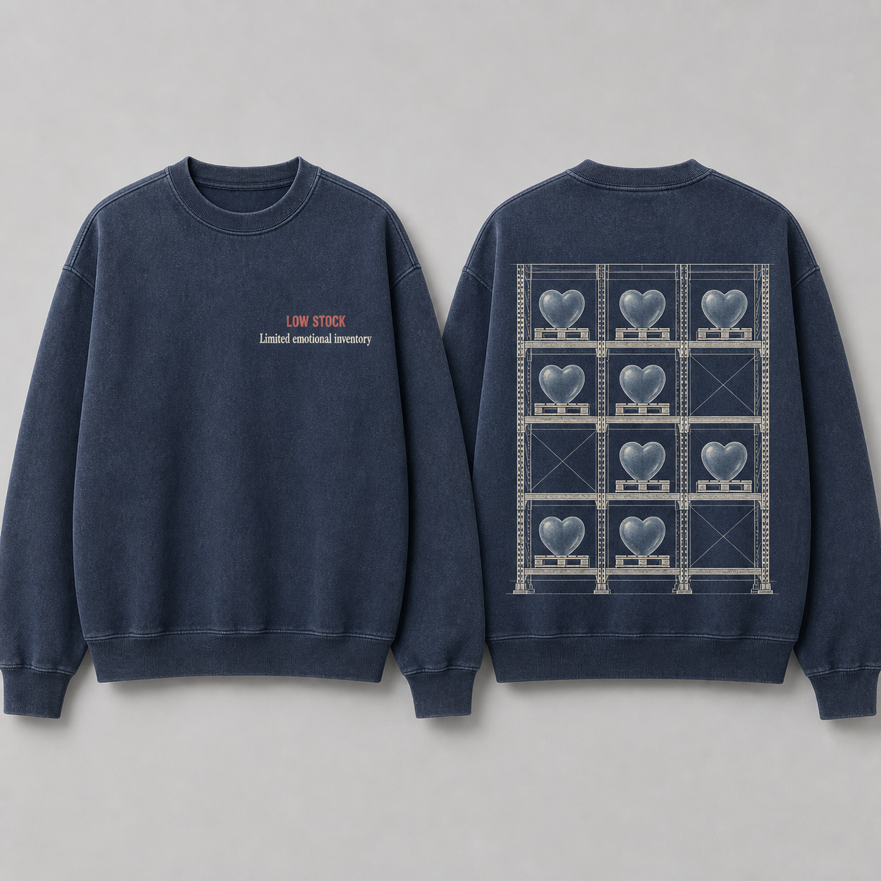 Front and back of a faded-navy crewneck with a low-stock chest counter and warehouse shelves holding limited heart-shaped inventory.