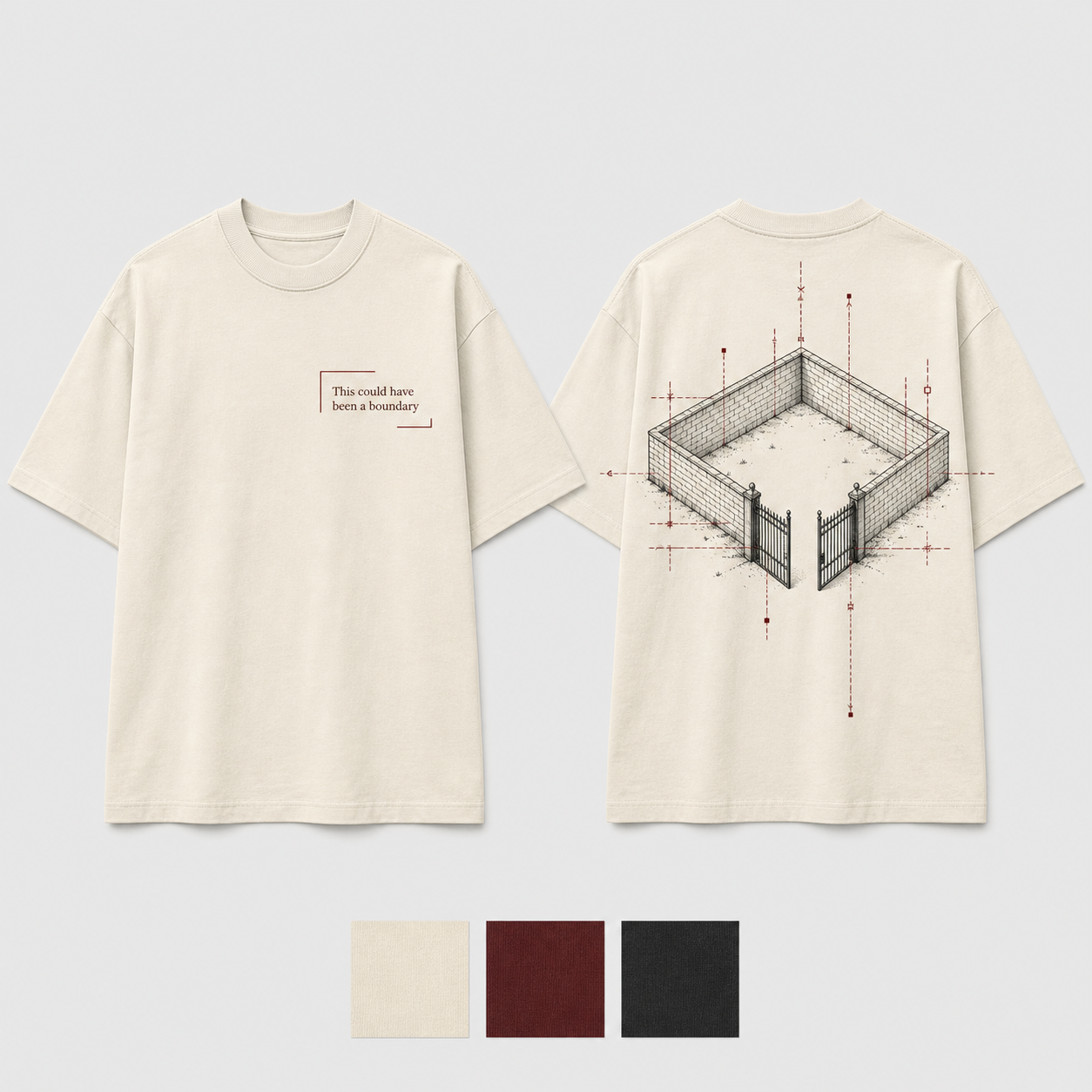 Bone Color. Front and back of a bone heavyweight tee with an interrupted boundary mark and an architectural limit folding into an open gate.