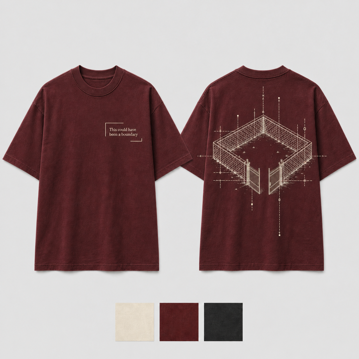 Oxblood Color. Front and back of a bone heavyweight tee with an interrupted boundary mark and an architectural limit folding into an open gate.
