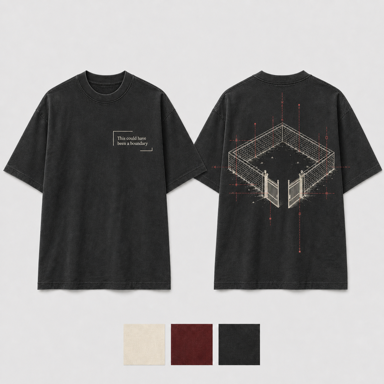 Washed Black Color. Front and back of a bone heavyweight tee with an interrupted boundary mark and an architectural limit folding into an open gate.