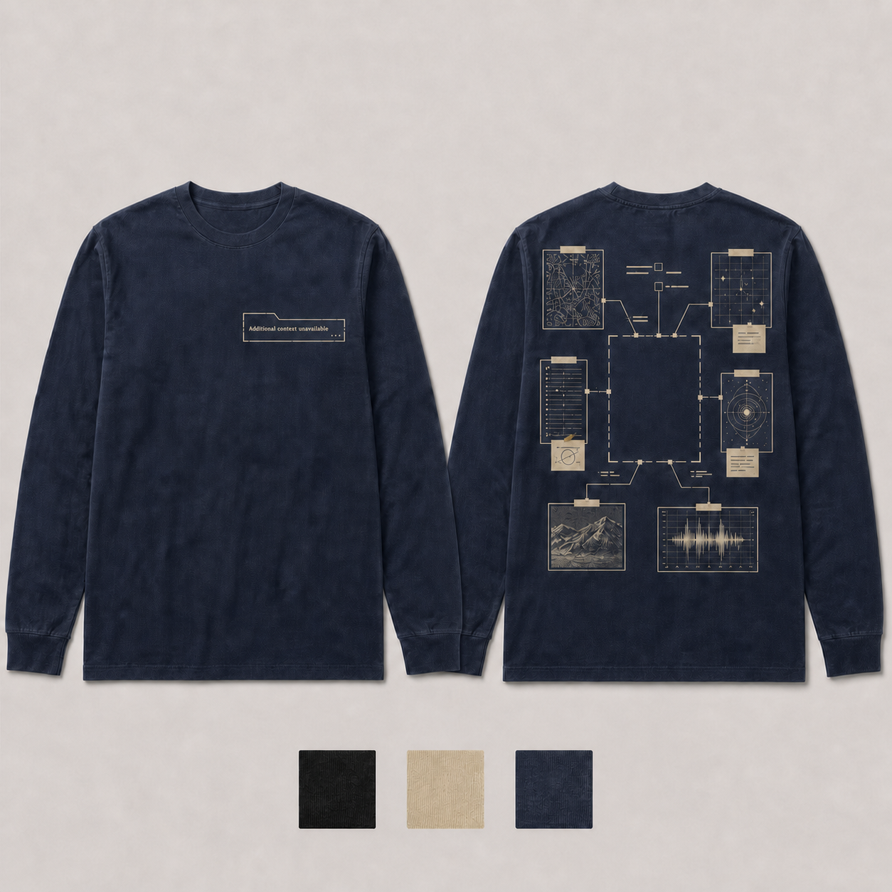 Faded Navy Color. Front and back of an ink-black long-sleeve tee with a clipped document tab and an evidence grid pointing to a missing central page.