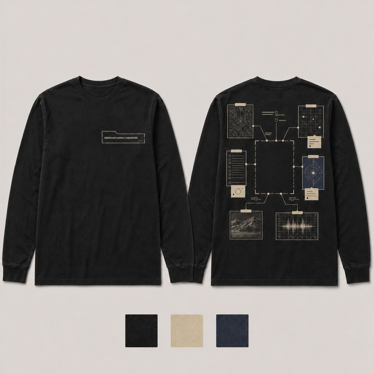 Ink Black Color. Front and back of an ink-black long-sleeve tee with a clipped document tab and an evidence grid pointing to a missing central page.