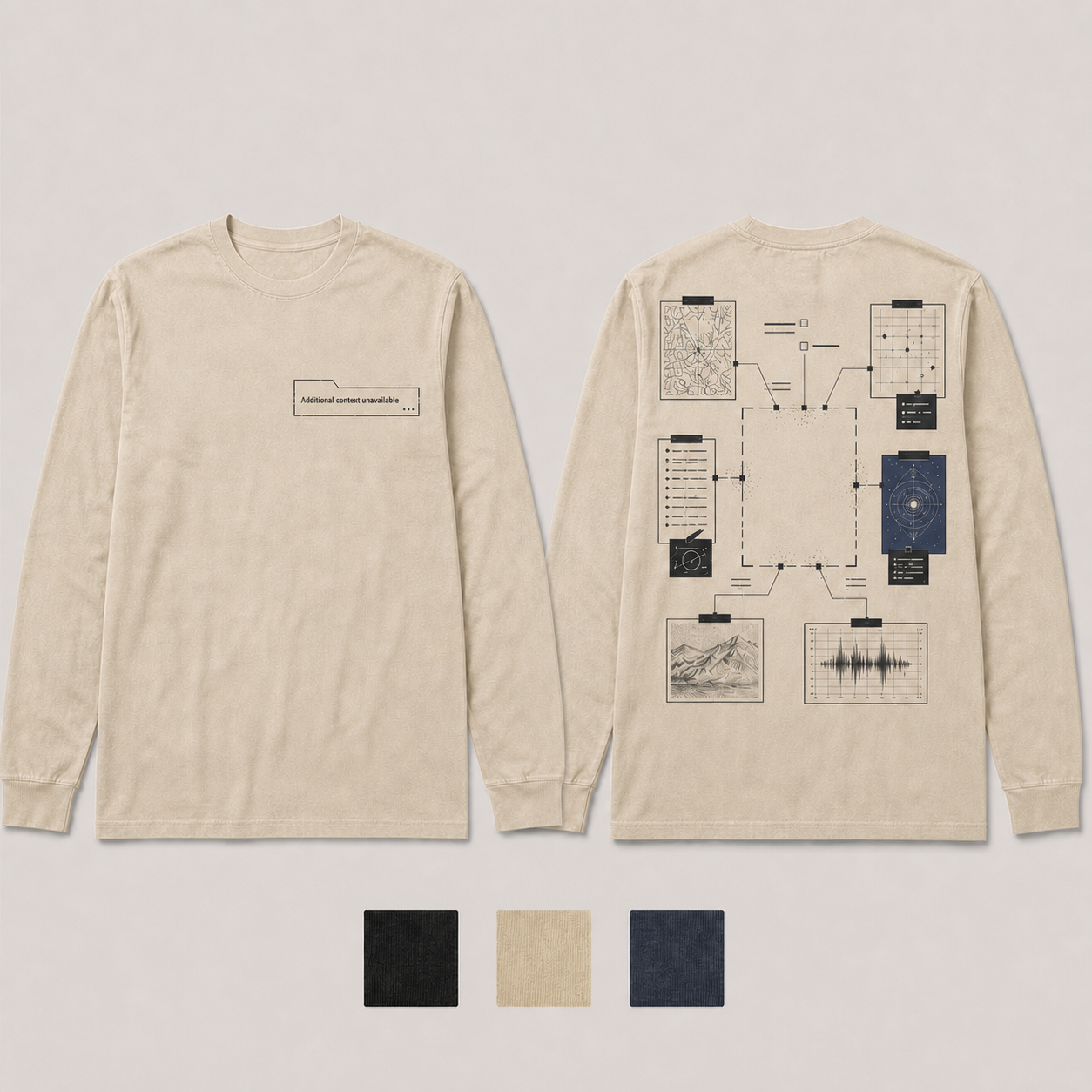 Washed Parchment Color. Front and back of an ink-black long-sleeve tee with a clipped document tab and an evidence grid pointing to a missing central page.