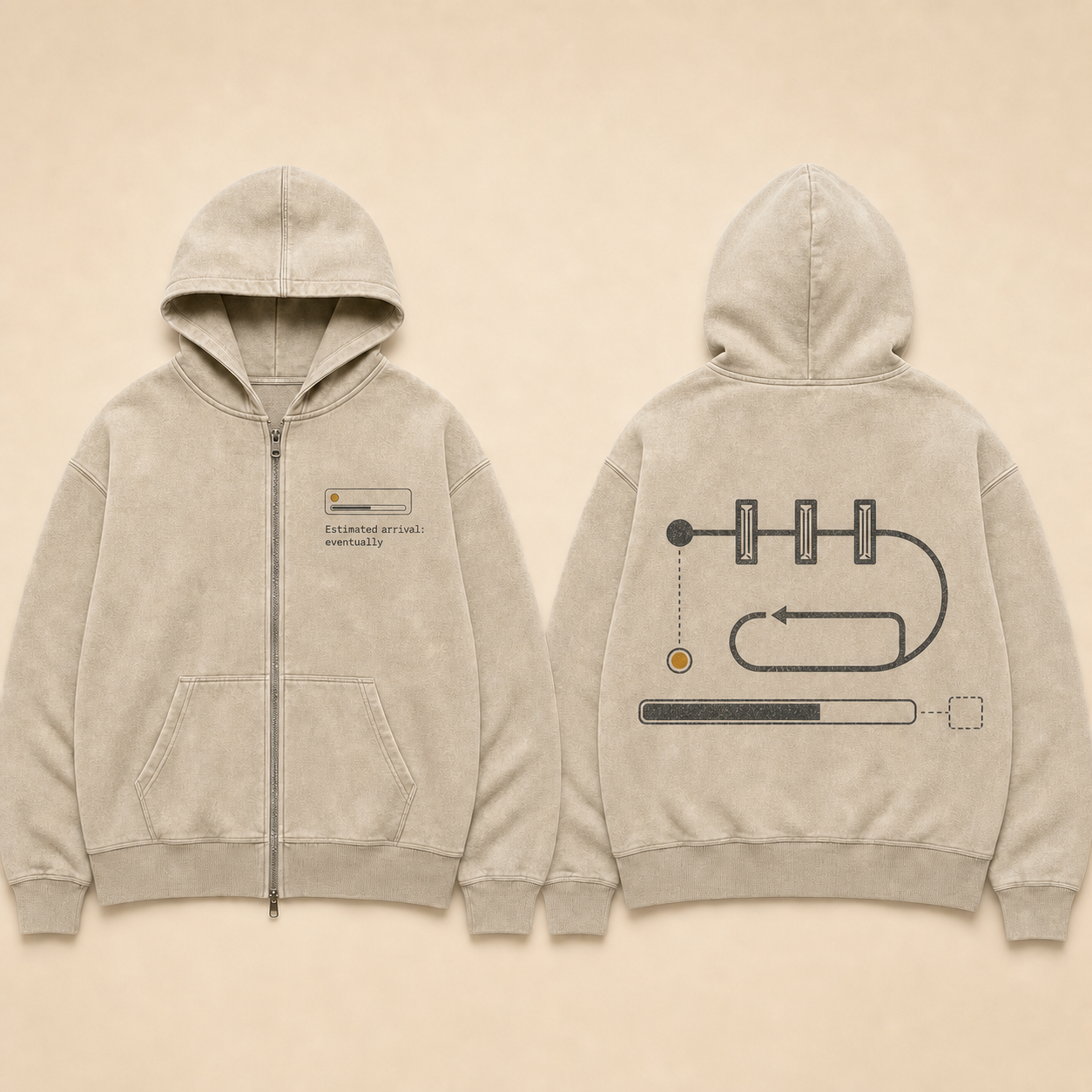 Washed-stone zip hoodie with an unresolved looped route passing three gates before an empty destination.