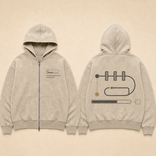 Washed-stone zip hoodie with an unresolved looped route passing three gates before an empty destination.