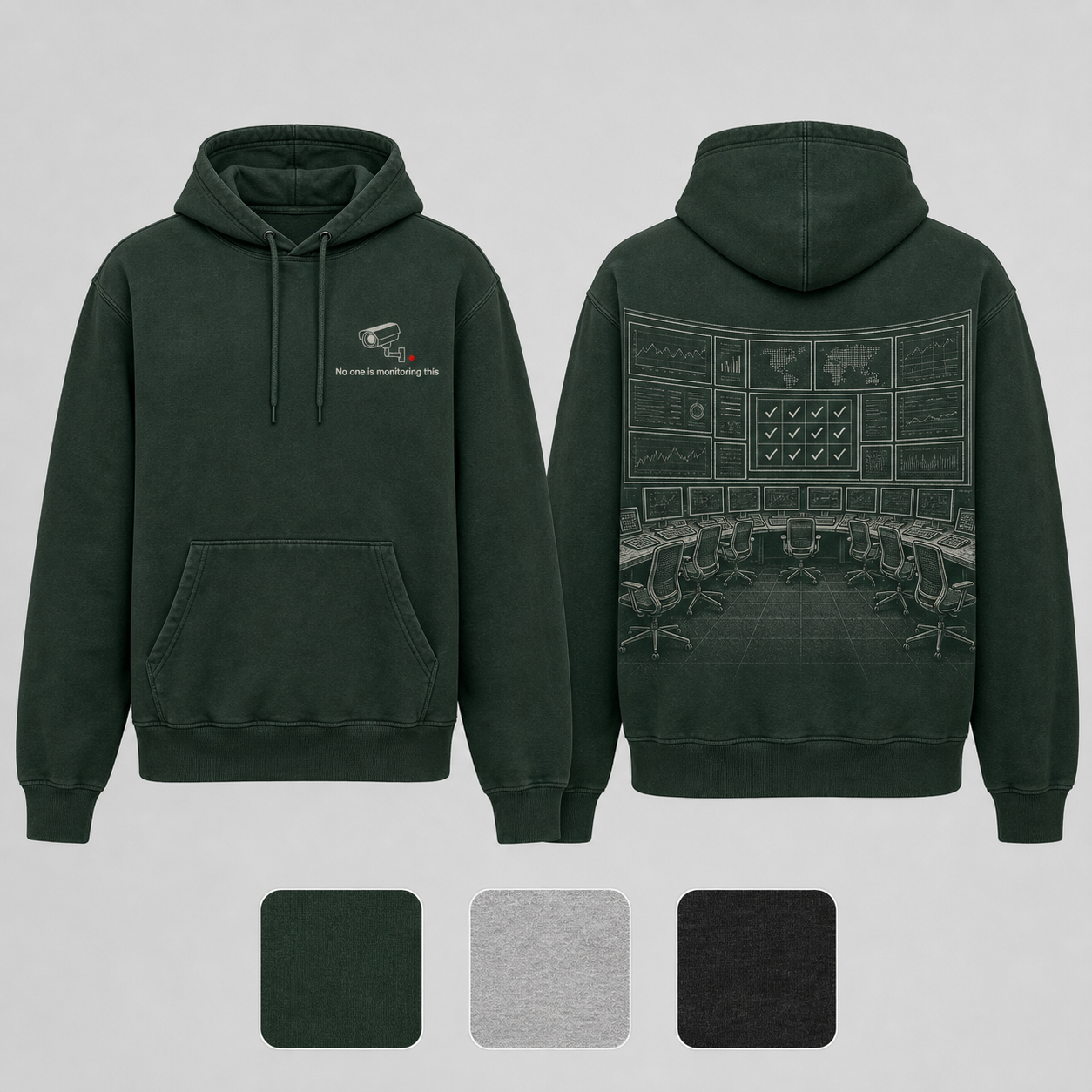 Deep Forest Color. Front and back of a deep-forest pullover hoodie with an idle camera light and an empty operations room reporting perfect attendance.