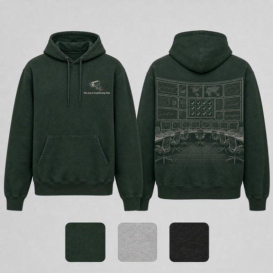 Deep Forest Color. Front and back of a deep-forest pullover hoodie with an idle camera light and an empty operations room reporting perfect attendance.