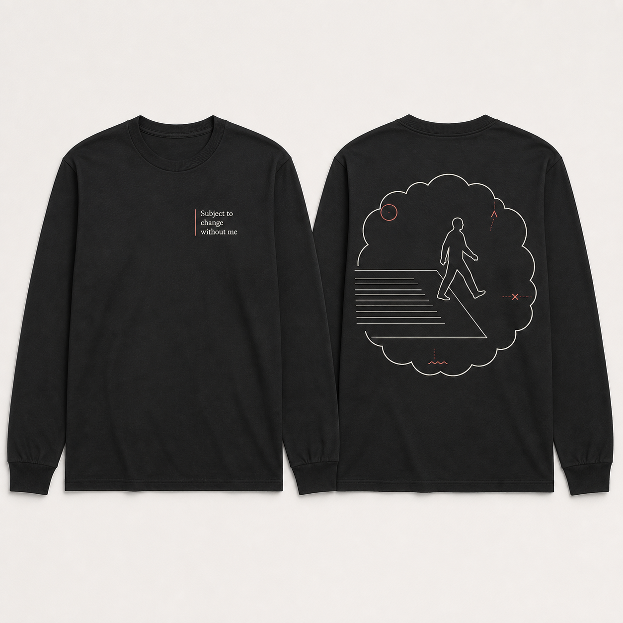 Front and back of an ink-black long-sleeve tee with contract-footer text and a negative-space figure leaving a revision cloud.