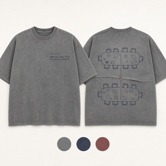 Mineral Gray Color. Front and back of a mineral-gray oversized tee with an impossible meeting timestamp and parallel tables exchanging notes through a page fold.
