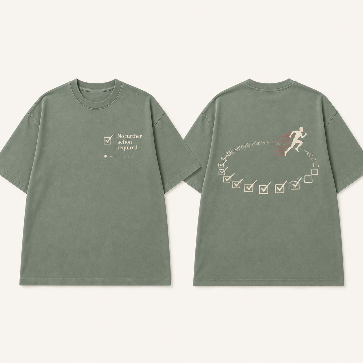 Front and back of an eucalyptus oversized tee with a completed status notice and a runner leaving an endless checklist track.