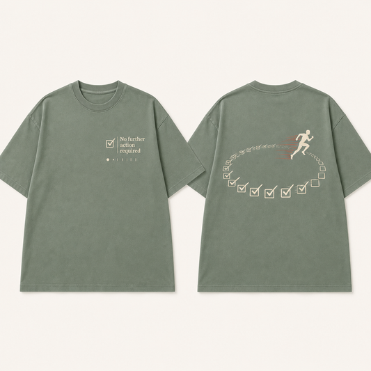 Front and back of an eucalyptus oversized tee with a completed status notice and a runner leaving an endless checklist track.