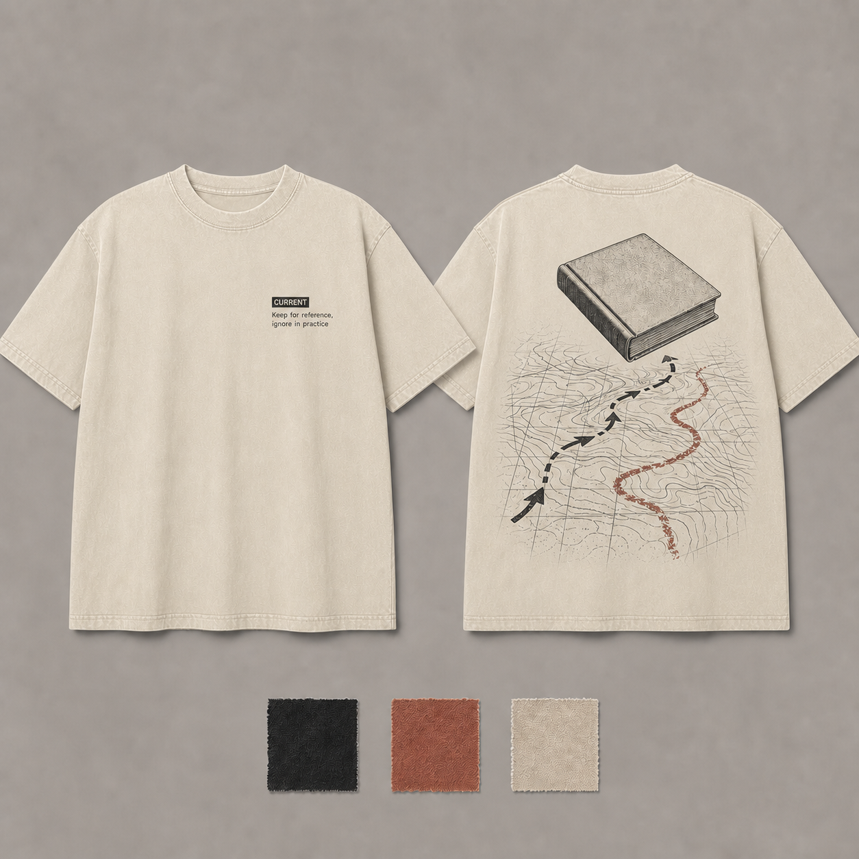 Bone Color. Front and back of a washed-black heavyweight tee with a CURRENT archival tab and a field route that ignores the official manual.