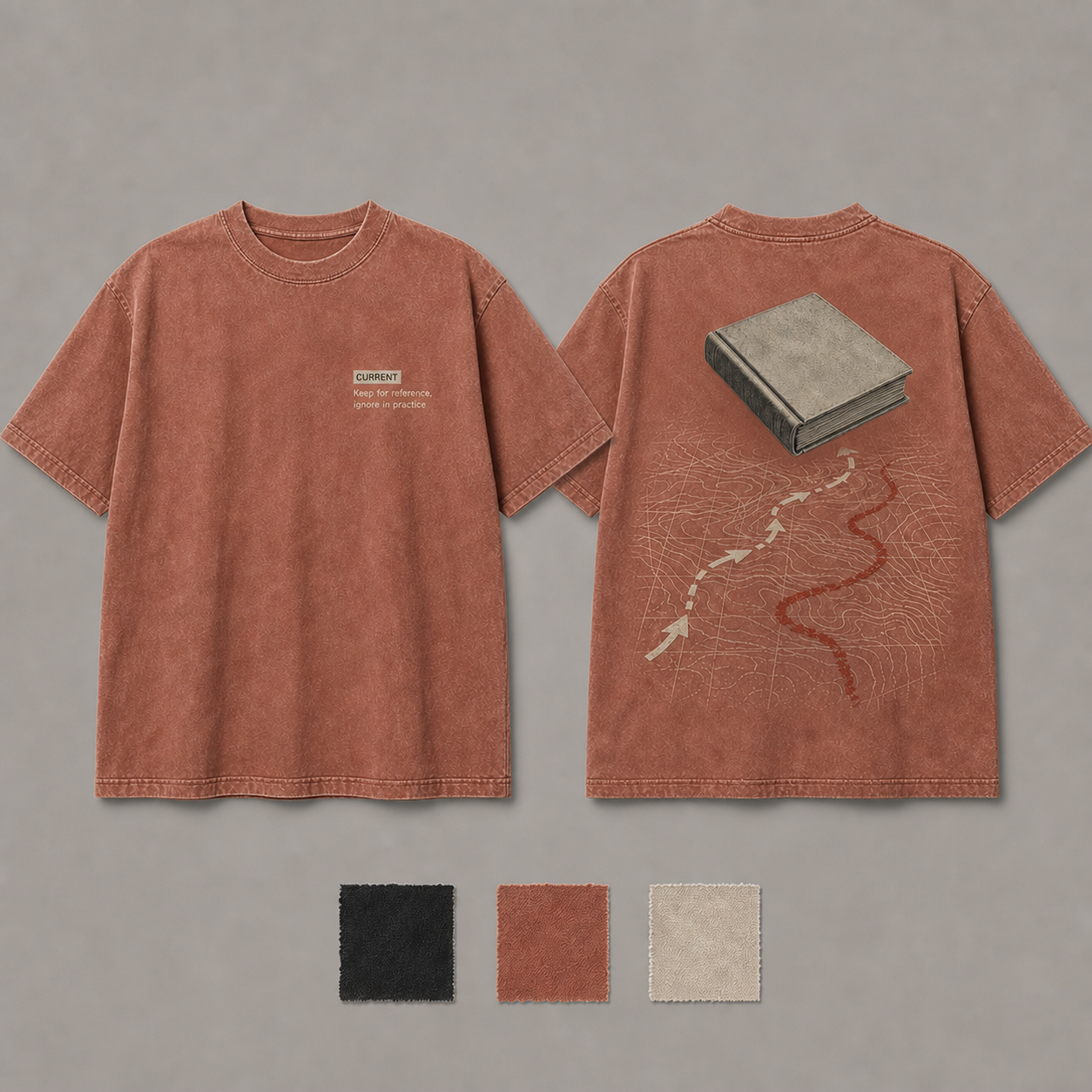 Faded Clay Color. Front and back of a washed-black heavyweight tee with a CURRENT archival tab and a field route that ignores the official manual.