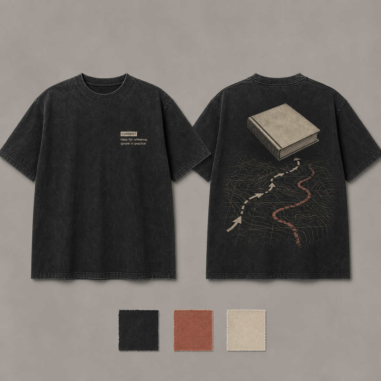 Washed Black Color. Front and back of a washed-black heavyweight tee with a CURRENT archival tab and a field route that ignores the official manual.