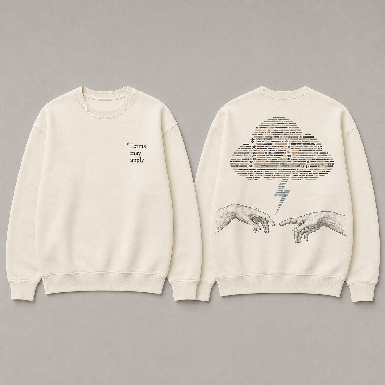 Front and back of an ecru crewneck with an asterisk chest detail and two hands meeting beneath a cloud of abstract terms.