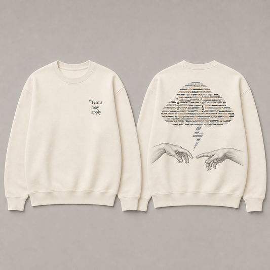 Front and back of an ecru crewneck with an asterisk chest detail and two hands meeting beneath a cloud of abstract terms.