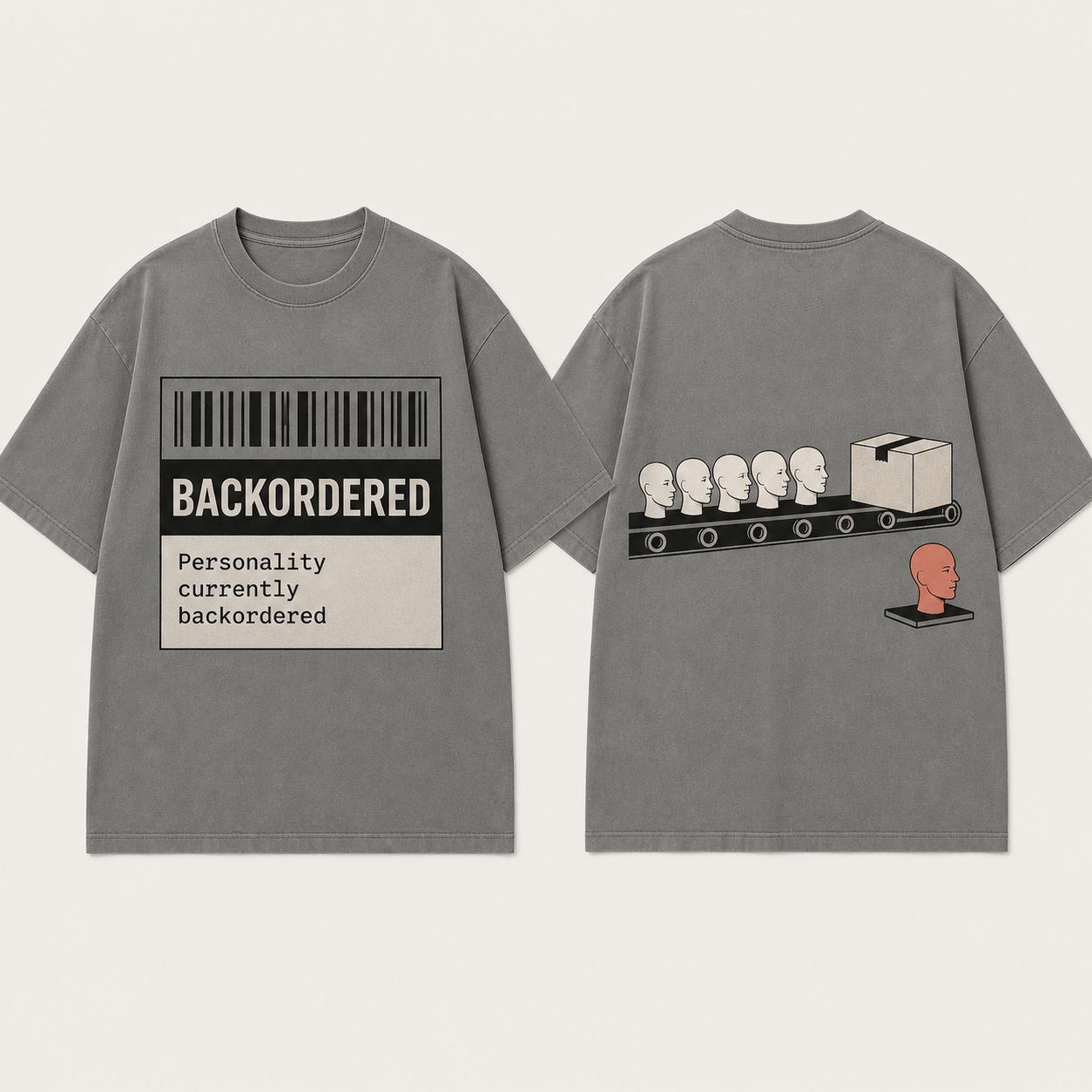 Front and back of a mineral-gray oversized tee with a backorder barcode and blank profile masks traveling toward a custom-parts box.