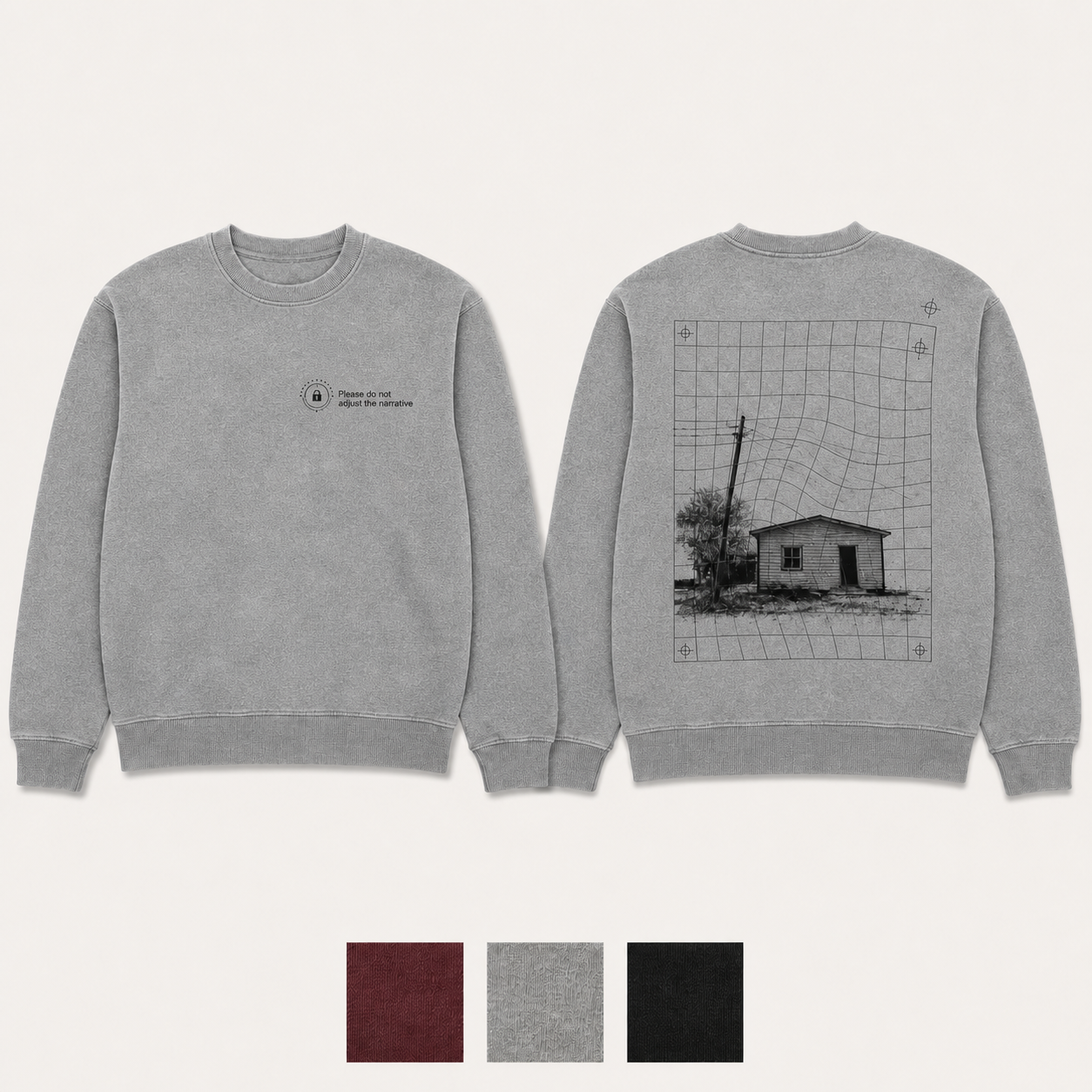 Heather Gray Color. Front and back of an oxblood crewneck with a locked calibration dial and a grid bending around a scene that will not align.
