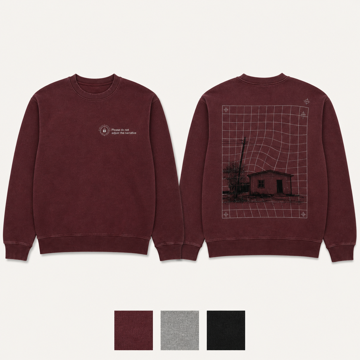Oxblood Color. Front and back of an oxblood crewneck with a locked calibration dial and a grid bending around a scene that will not align.