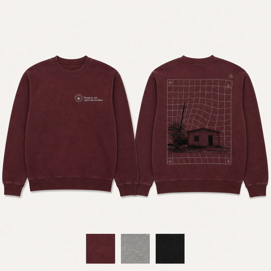 Oxblood Color. Front and back of an oxblood crewneck with a locked calibration dial and a grid bending around a scene that will not align.