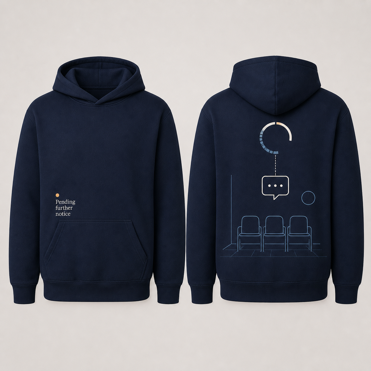 Front and back of a midnight-blue pullover hoodie with an amber pending dot and a suspended message above an empty waiting room.