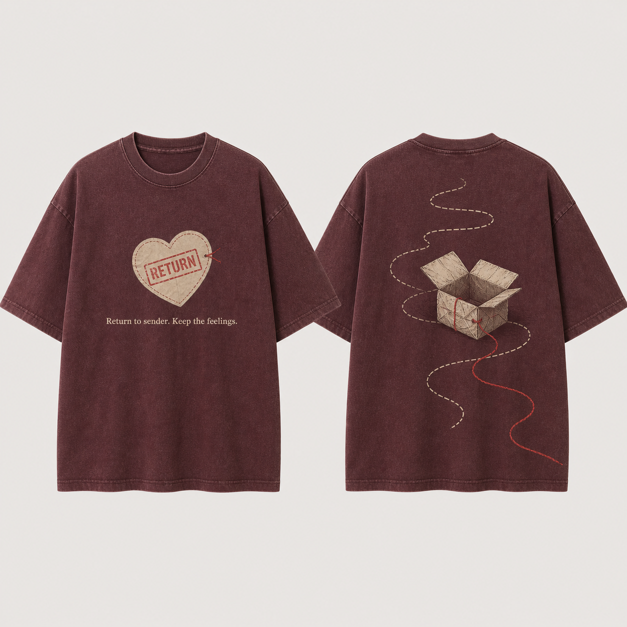 Front and back of a washed-oxblood oversized tee with a return stamp and an opened parcel leaving one red thread behind.