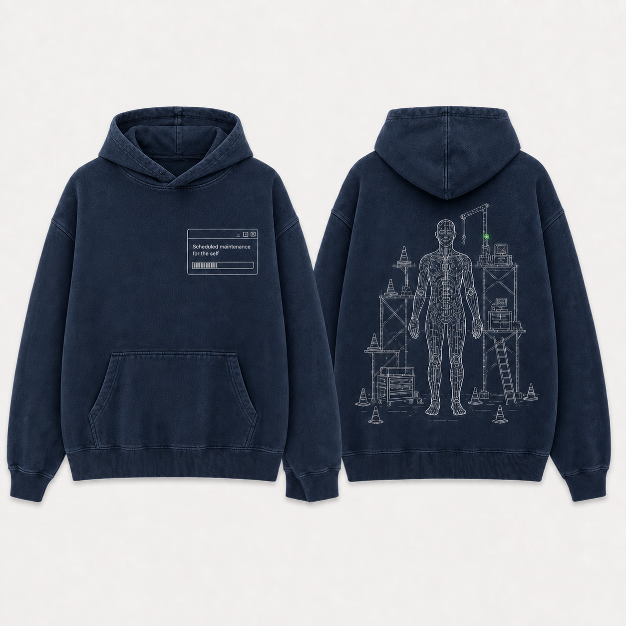Midnight Blue Color. Front and back of a washed-stone pullover hoodie with an open maintenance window and a figure-shaped service diagram under repair.