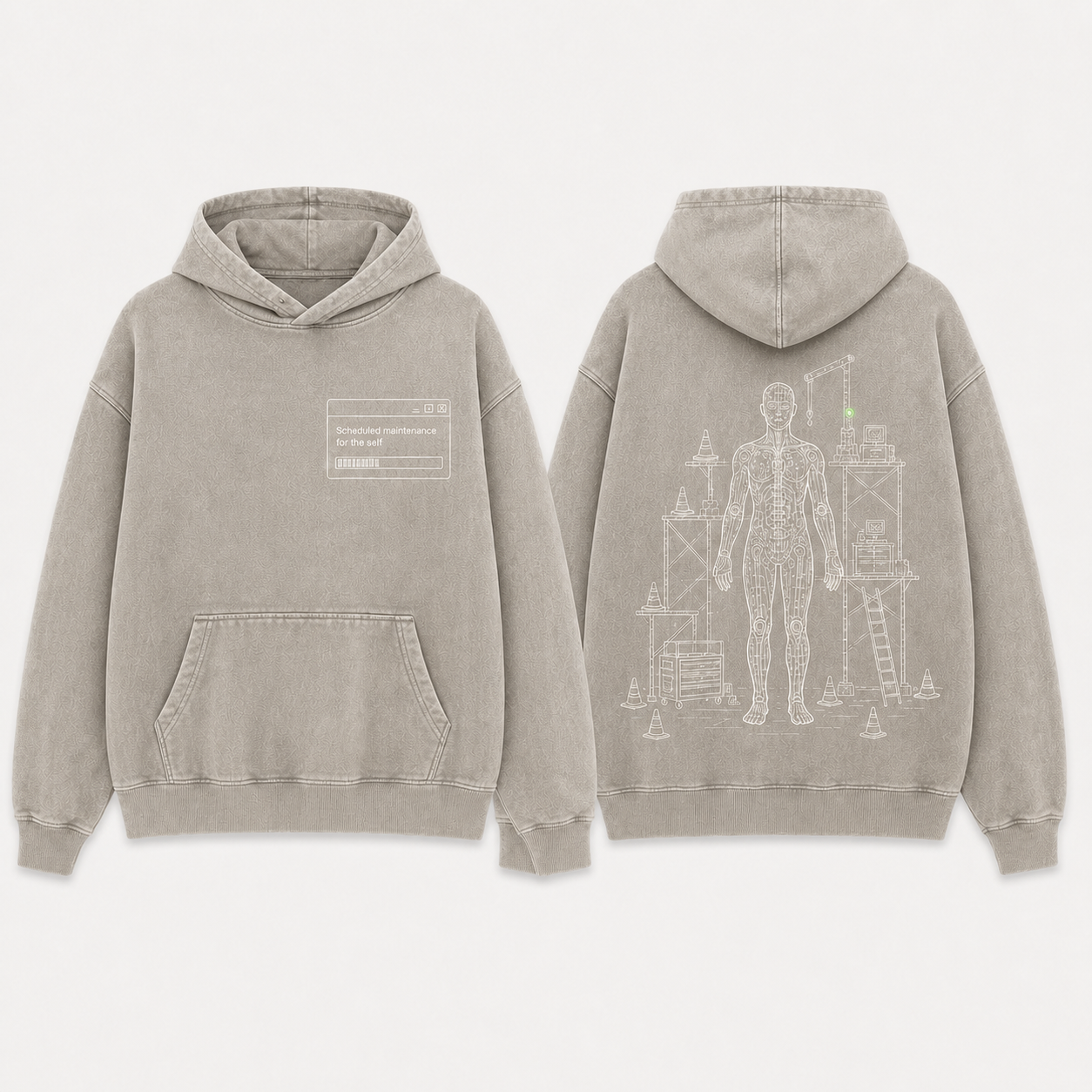 Washed Stone Color. Front and back of a washed-stone pullover hoodie with an open maintenance window and a figure-shaped service diagram under repair.