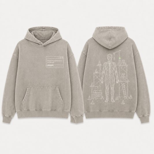 Washed Stone Color. Front and back of a washed-stone pullover hoodie with an open maintenance window and a figure-shaped service diagram under repair.