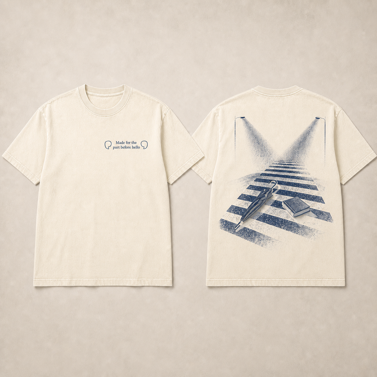 Bone Color. Front and back of a midnight-blue heavyweight tee with facing speech marks and two everyday objects exchanging shadows on a crosswalk.