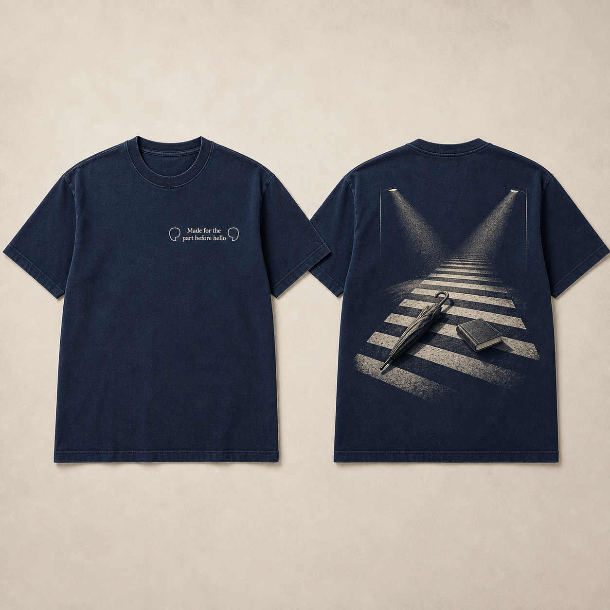 Midnight Blue Color. Front and back of a midnight-blue heavyweight tee with facing speech marks and two everyday objects exchanging shadows on a crosswalk.