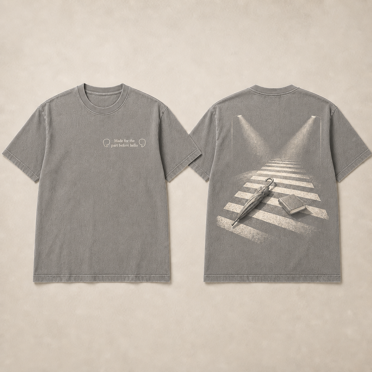 Washed Stone Color. Front and back of a midnight-blue heavyweight tee with facing speech marks and two everyday objects exchanging shadows on a crosswalk.