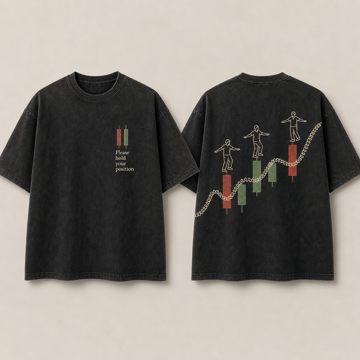 Front and back of a washed-black oversized tee with a hold-position chest notice and balancing figures moving across market bars.