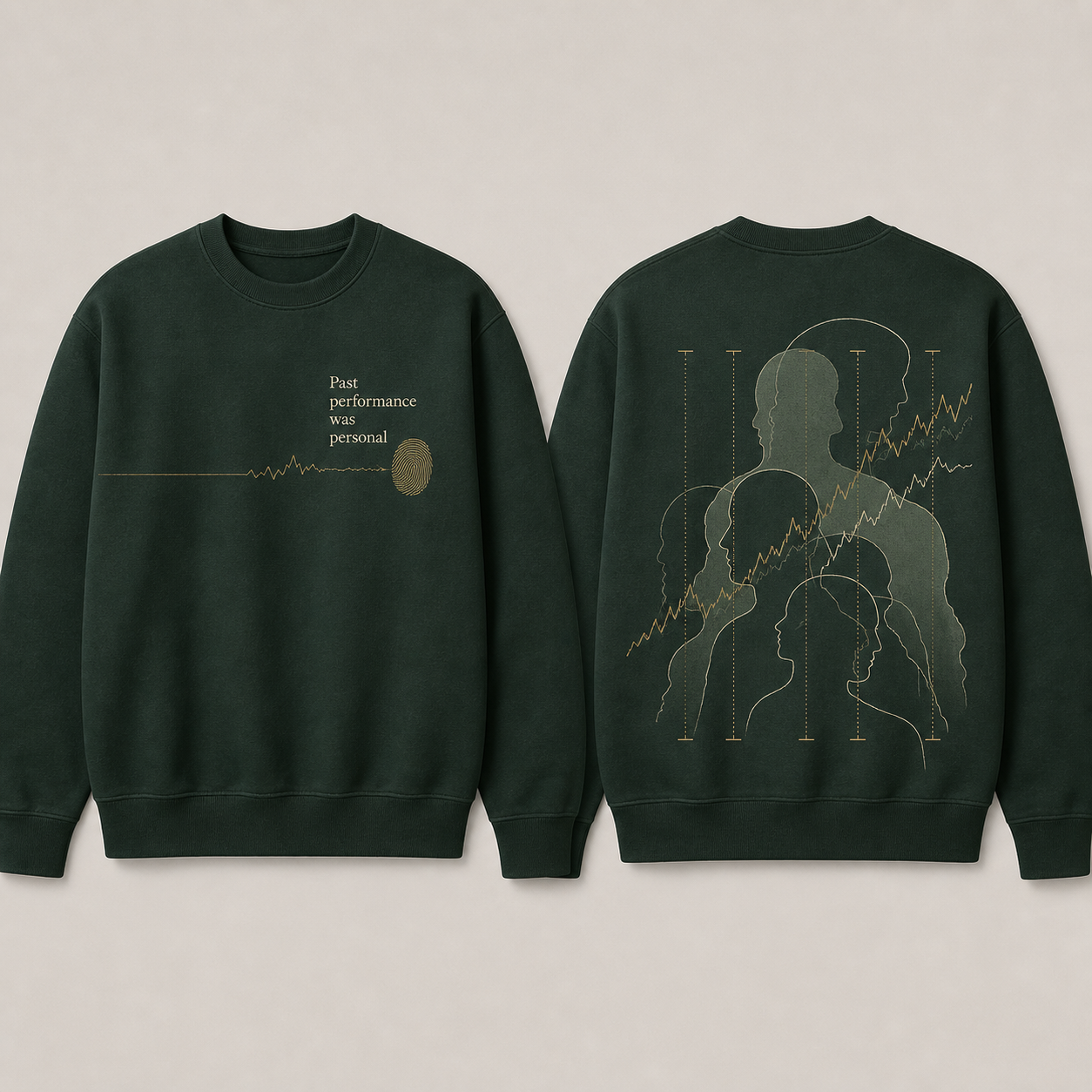 Front and back of a deep-forest crewneck with a fingerprint-ending line chart and layered archival silhouette contours.
