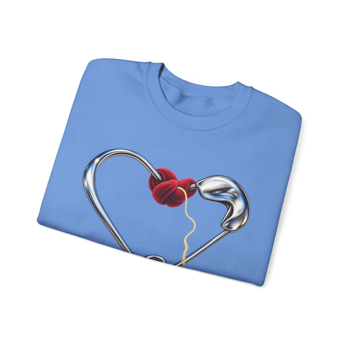 Supplier-generated Held Together Crewneck mockup 3: Carolina Blue Gildan 18000 with the verified front and back artwork placement.