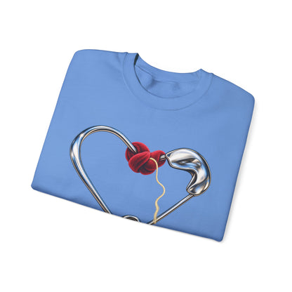 Supplier-generated Held Together Crewneck mockup 3: Carolina Blue Gildan 18000 with the verified front and back artwork placement.
