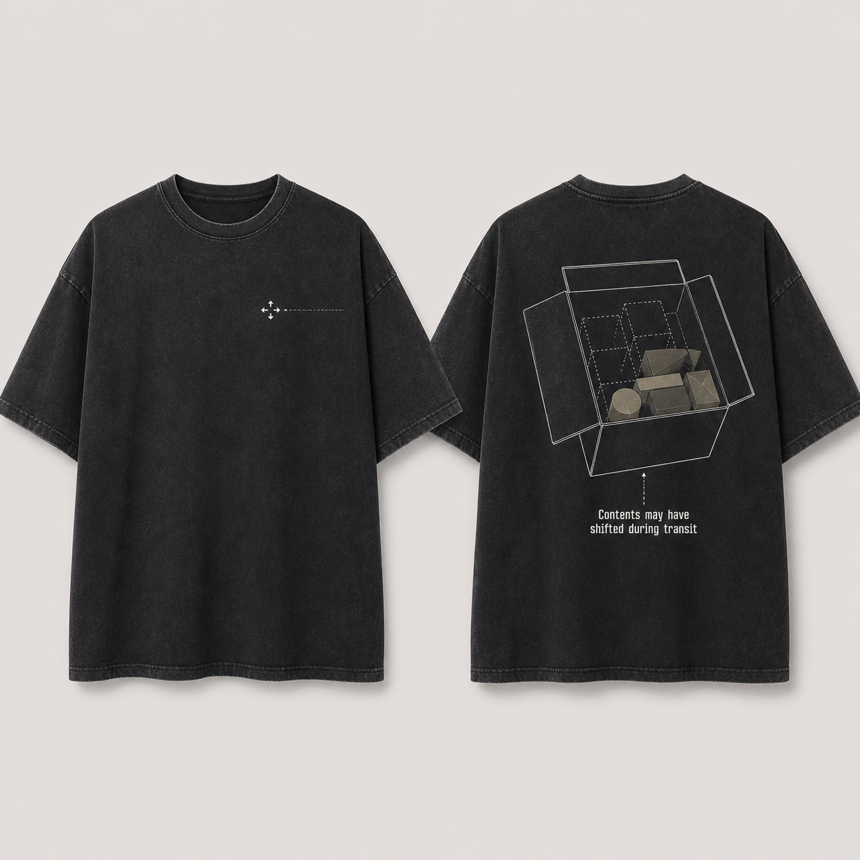 Front and back of a washed-black heavyweight tee with a tiny transit marker and a cutaway parcel whose contents have shifted to one corner.