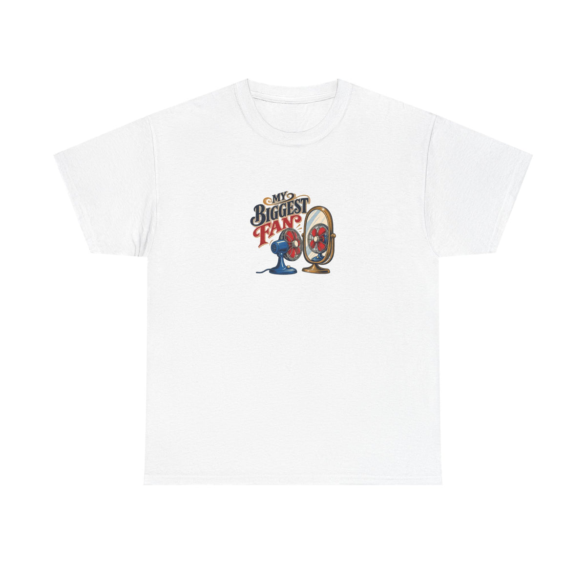 White Supporting Myself Tee, front view with desk fan facing its reflection and “MY BIGGEST FAN” graphic.