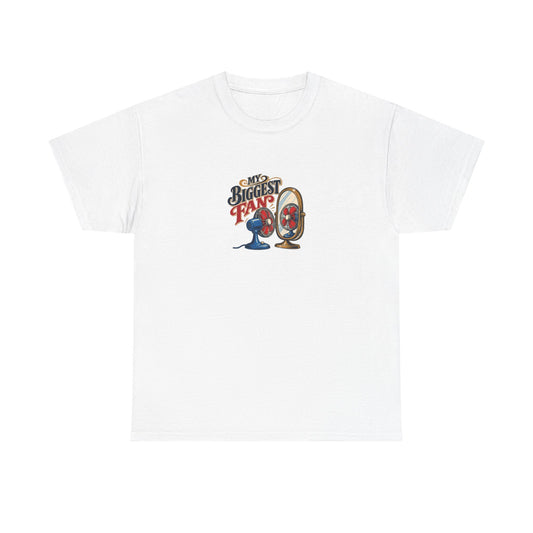 White Supporting Myself Tee, front view with desk fan facing its reflection and “MY BIGGEST FAN” graphic.