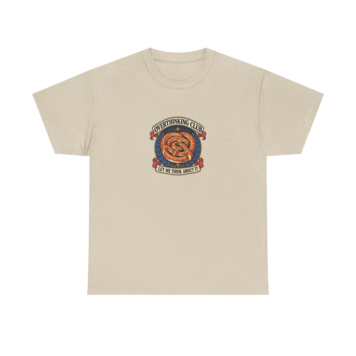 Sand Overthinking Club Tee, front view with pretzel maze crest and “OVERTHINKING CLUB LET ME THINK ABOUT IT” graphic.