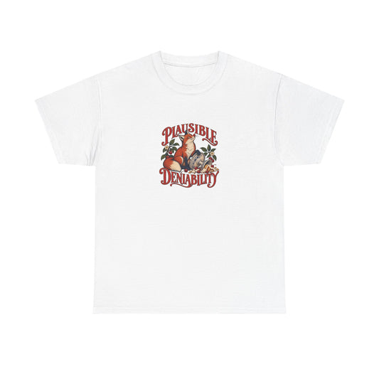 White Plausible Deniability Tee, front view with fox beside an overturned cake stand and “PLAUSIBLE DENIABILITY” graphic.