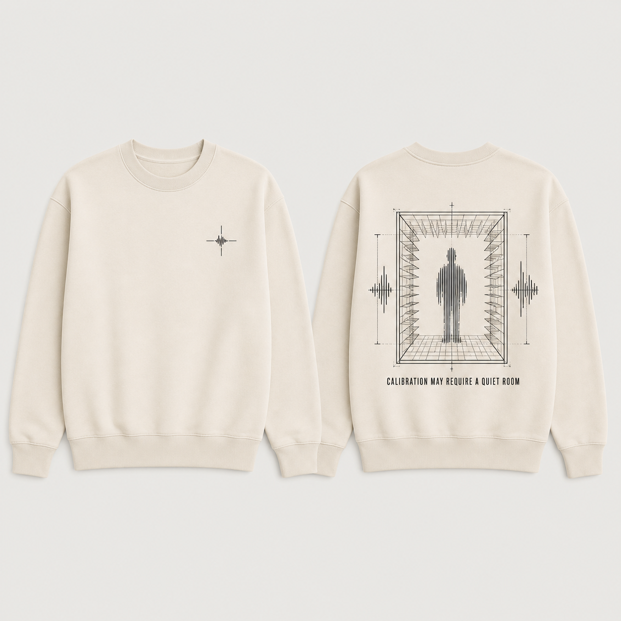 Front and back of an ecru crewneck with a tiny calibration crosshair and a test chamber tuning a person-shaped waveform.