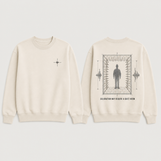 Front and back of an ecru crewneck with a tiny calibration crosshair and a test chamber tuning a person-shaped waveform.